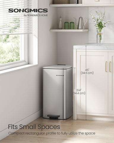 SONGMICS trash bin features non-slip base for stable, pet-friendly kitchen organization.
