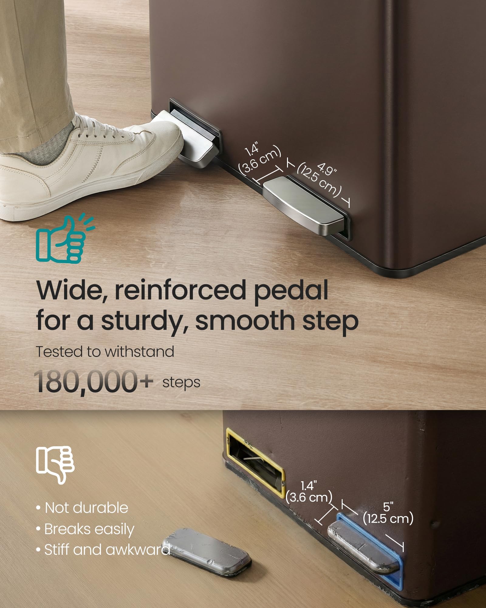 SONGMICS pedal operation enables hands-free waste disposal with stable action.