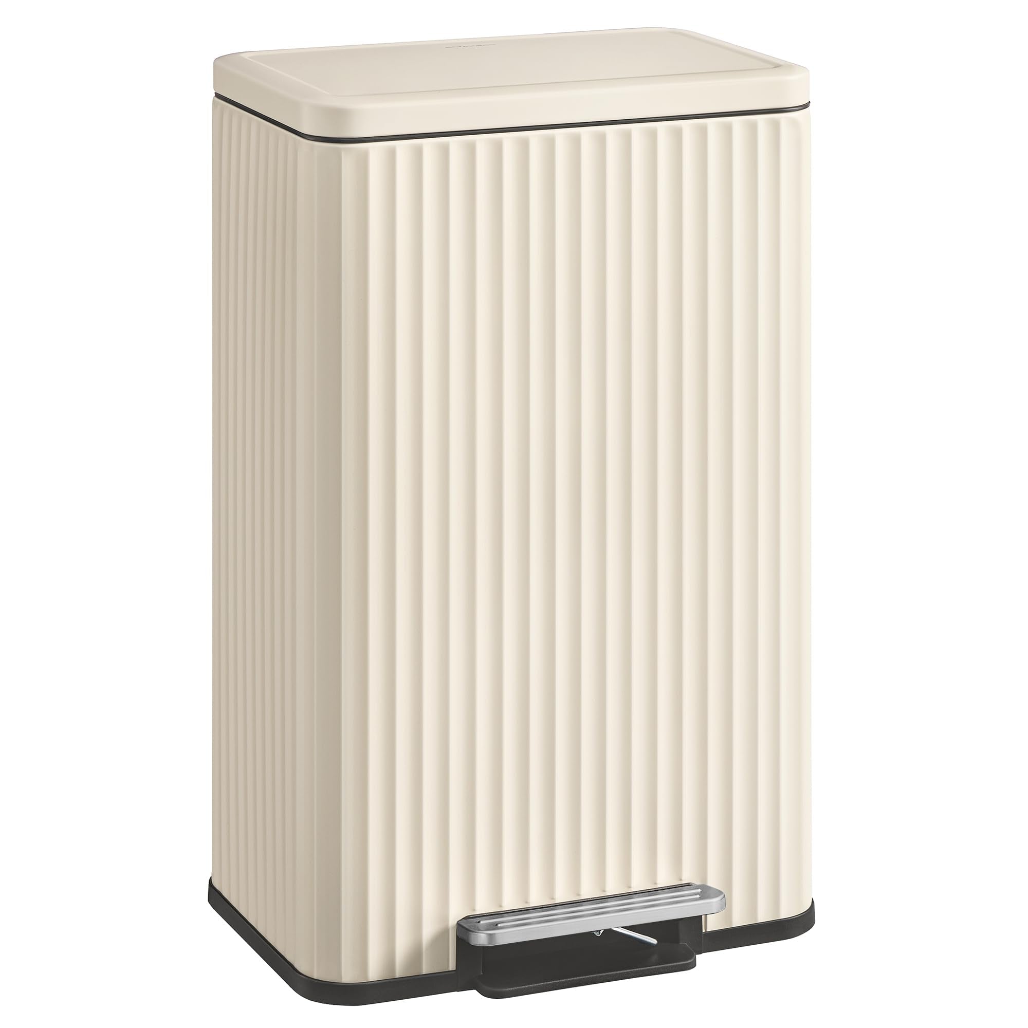 Songmics 13-gallon trash can with pedal lid for hands-free operation in a kitchen.