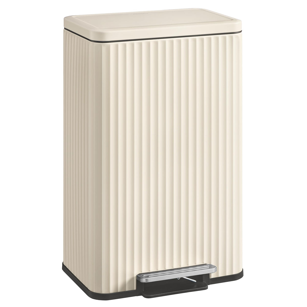 Songmics 13-gallon trash can with pedal lid for hands-free operation in a kitchen.