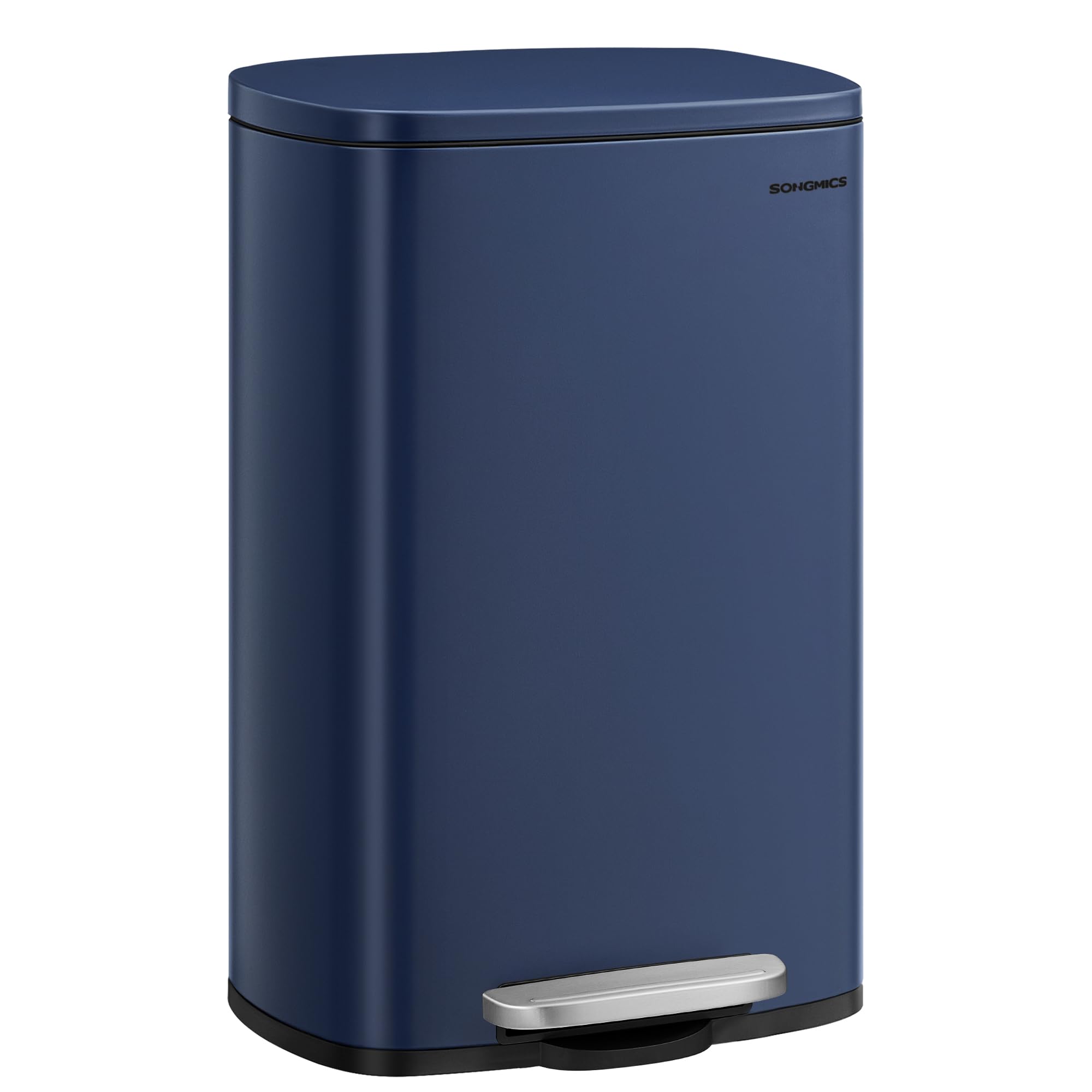 The SONGMICS 13-gallon midnight blue trash can, front view, easy-to-clean stainless surface.