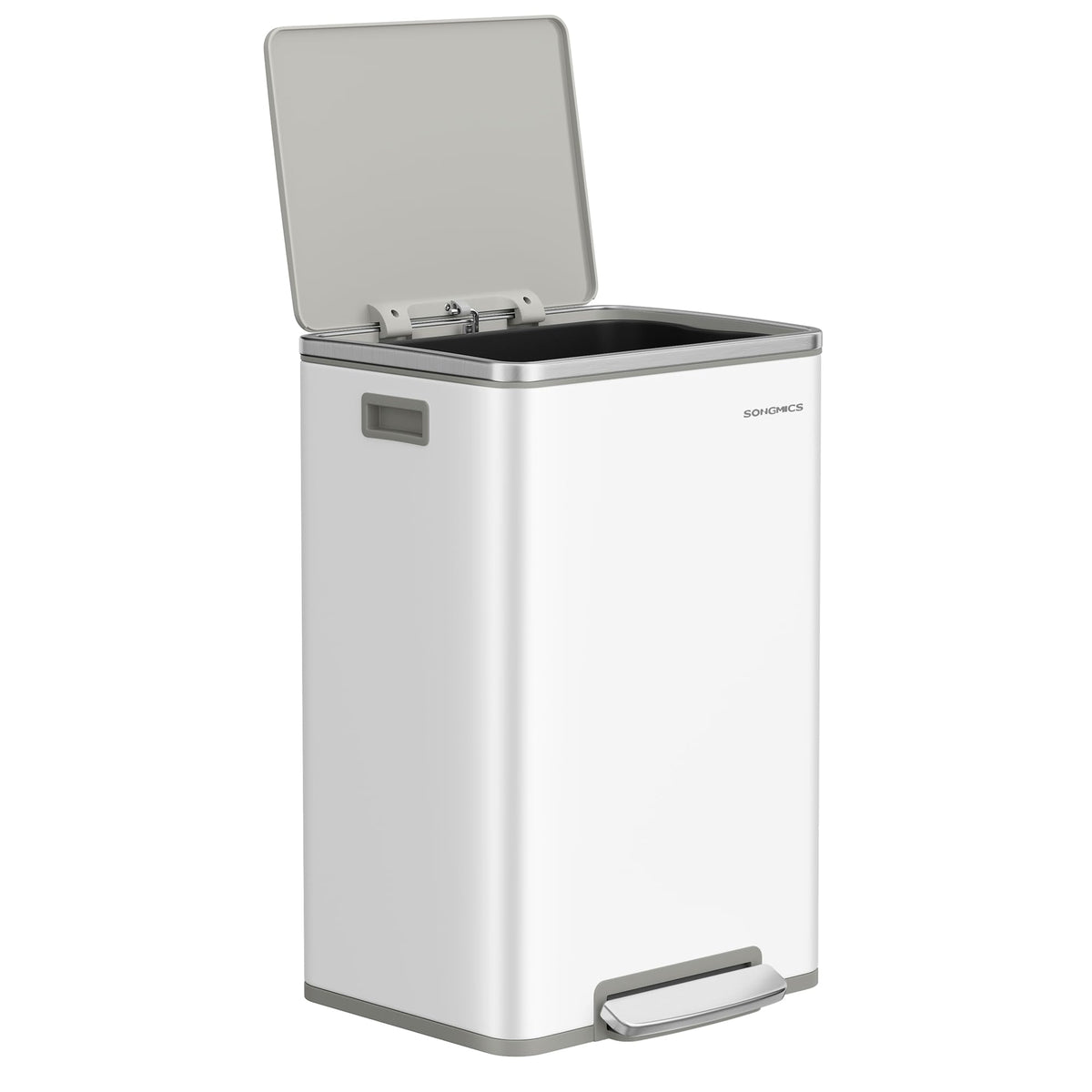 SONGMICS 13-gallon trash can with soft-close lid for quiet disposal.