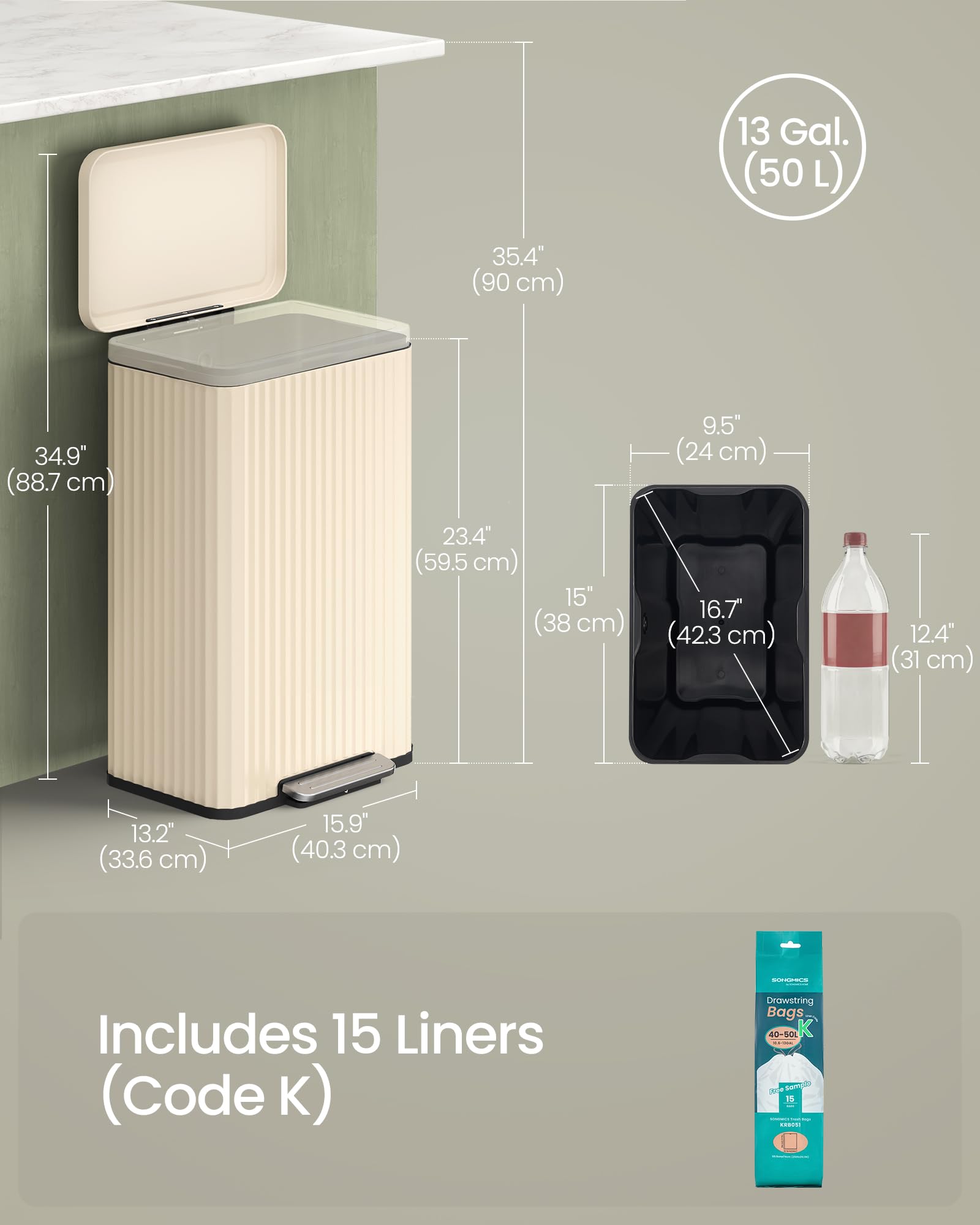 Songmics 15 starter bags included for immediate use in the trash can.