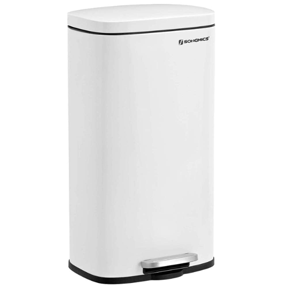 SONGMICS trash can with lid in white, compact 8-gallon design for small kitchens.