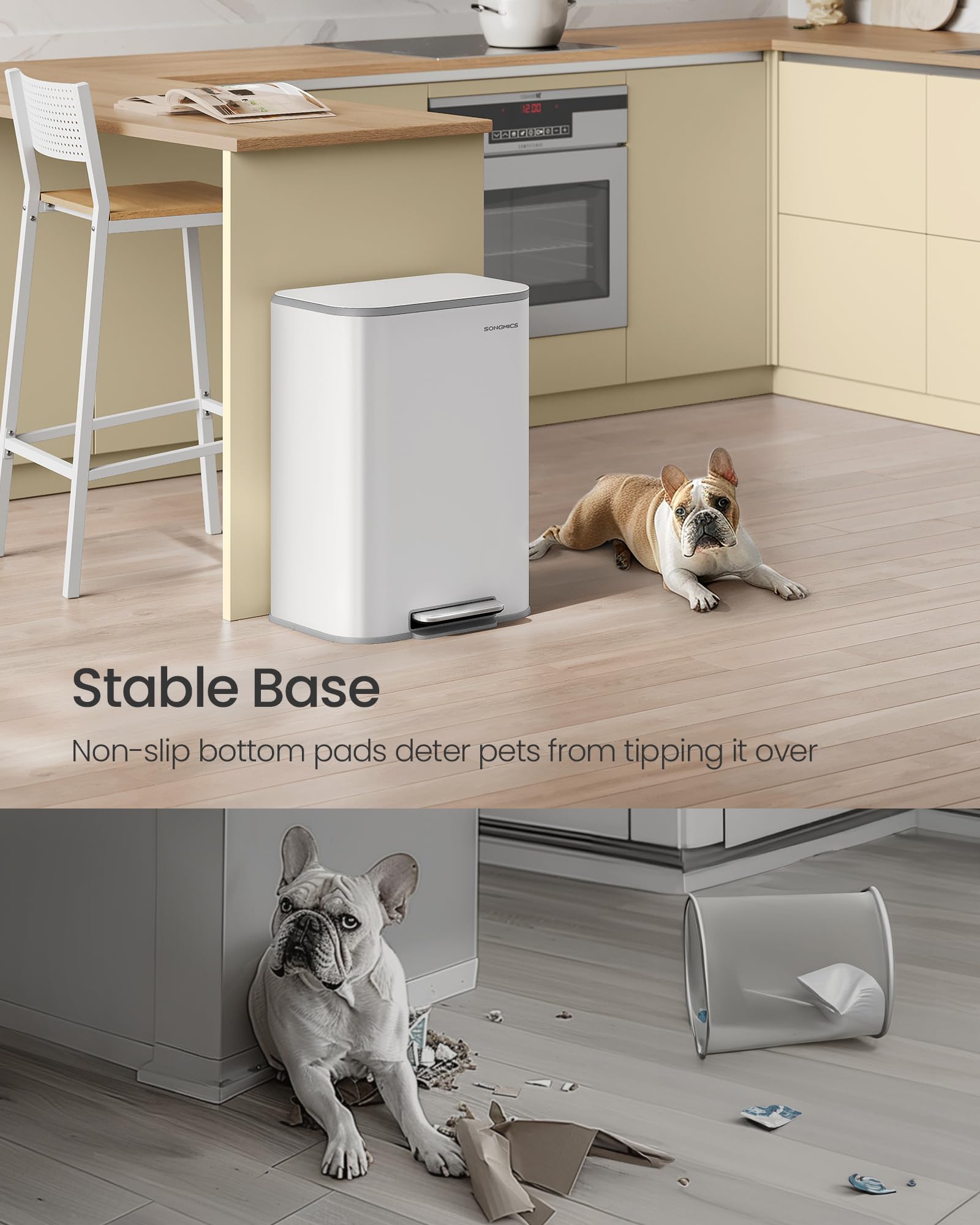 SONGMICS base with non-slip feet keeps the can steady.