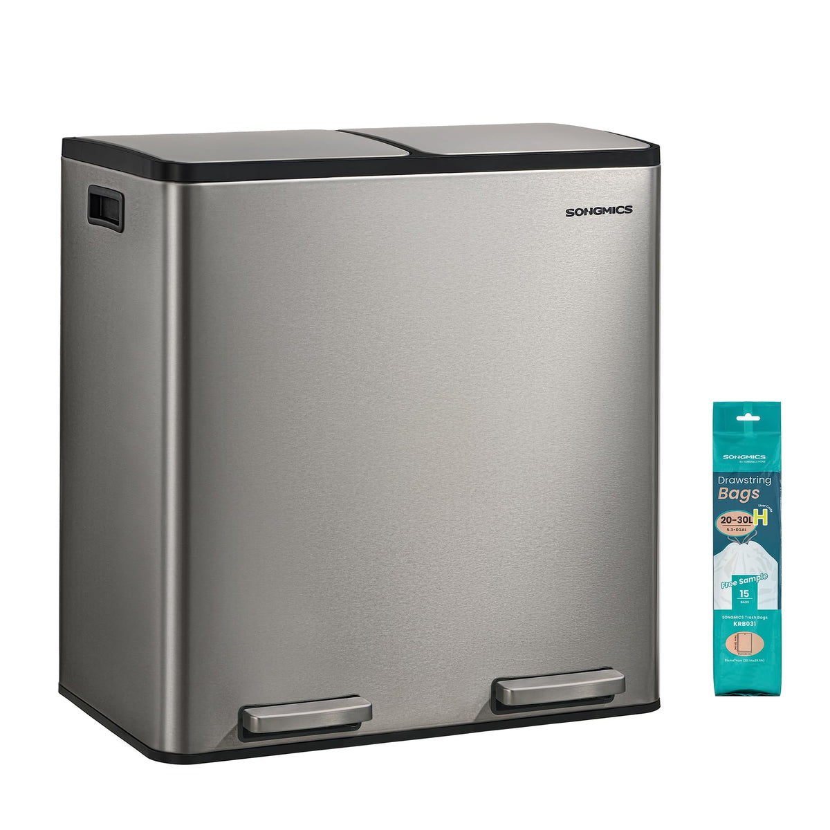 SONGMICS dual-compartment trash can front view for organized waste sorting.