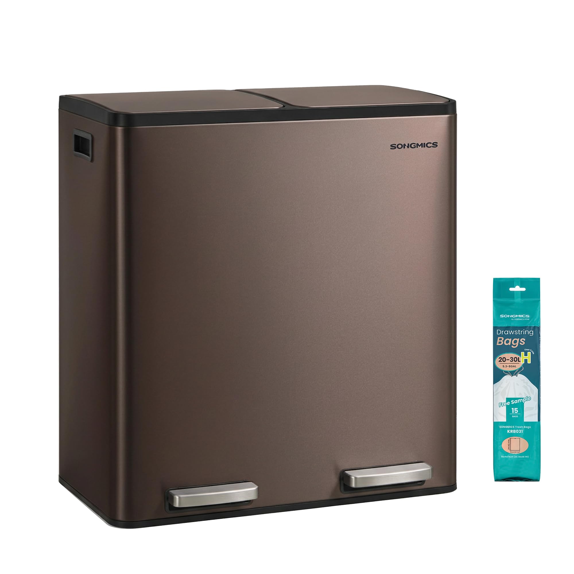 SONGMICS dual-compartment trash can in stainless steel, ideal for organized waste separation.