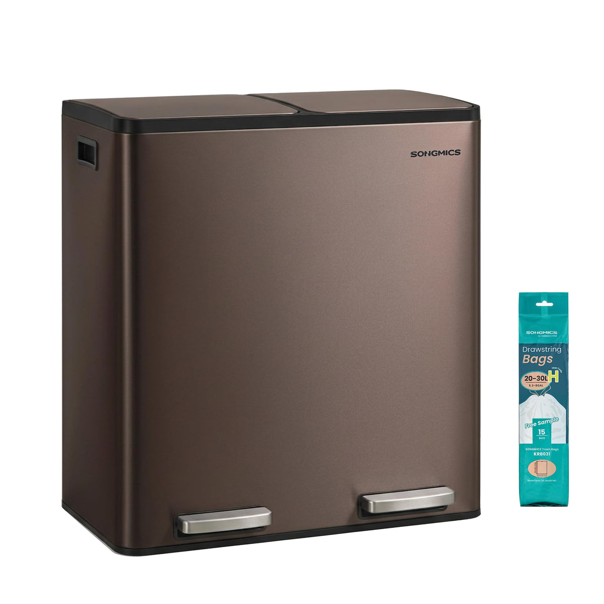 SONGMICS dual-compartment trash can in stainless steel, ideal for organized waste separation.