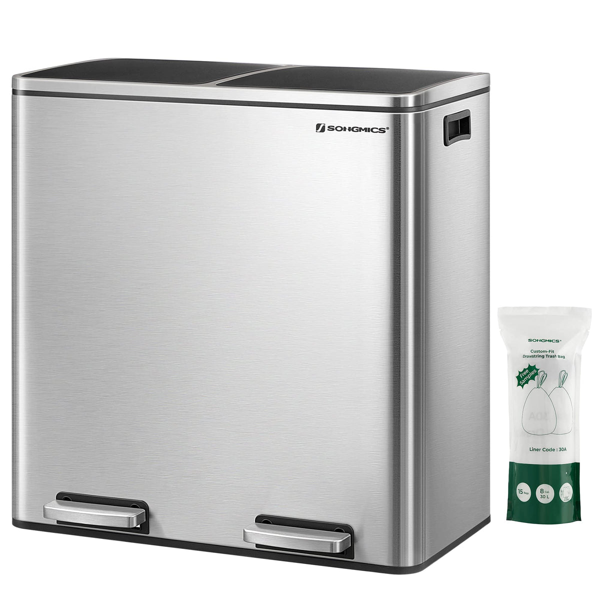 SONGMICS dual-compartment trash can with pedal lid for hands-free waste disposal