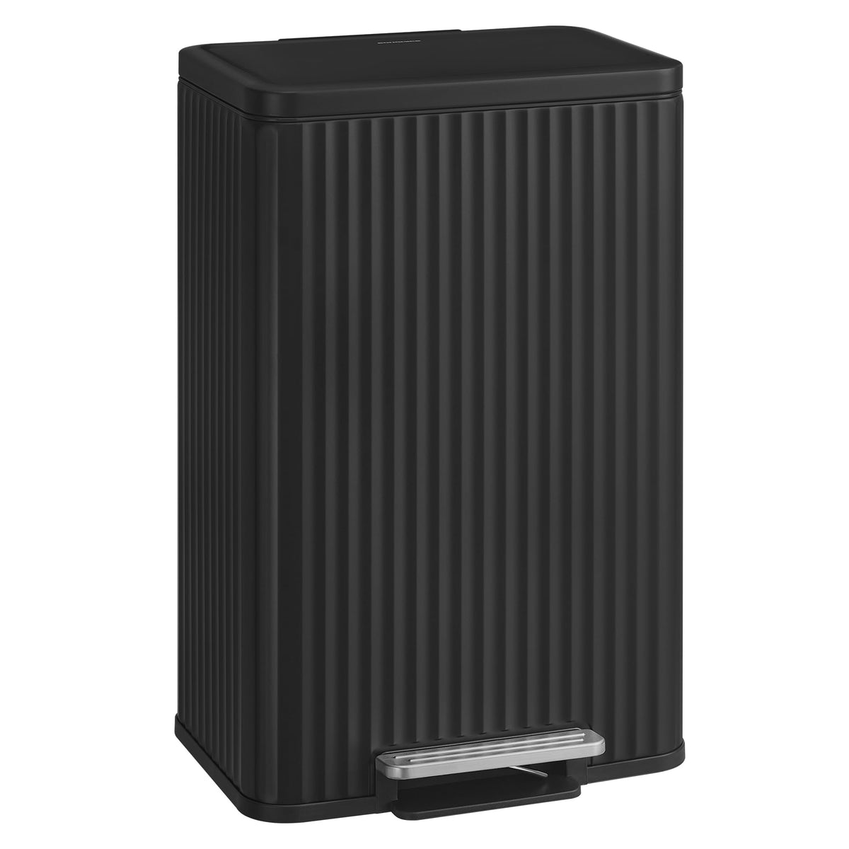 SONGMICS ink black trash can, front view showing a sleek stainless steel finish.