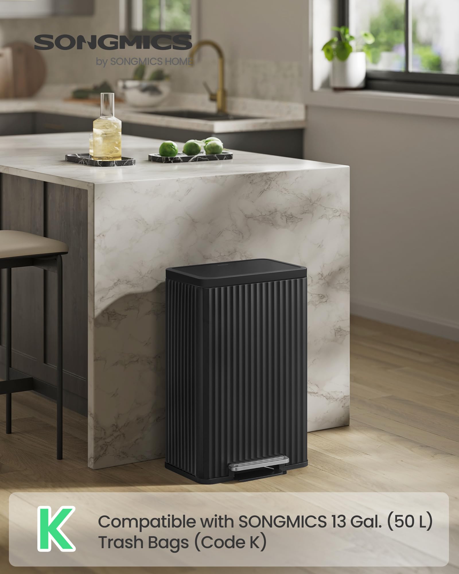 SONGMICS ink black trash can with lid demonstrates easy access and clean lines.