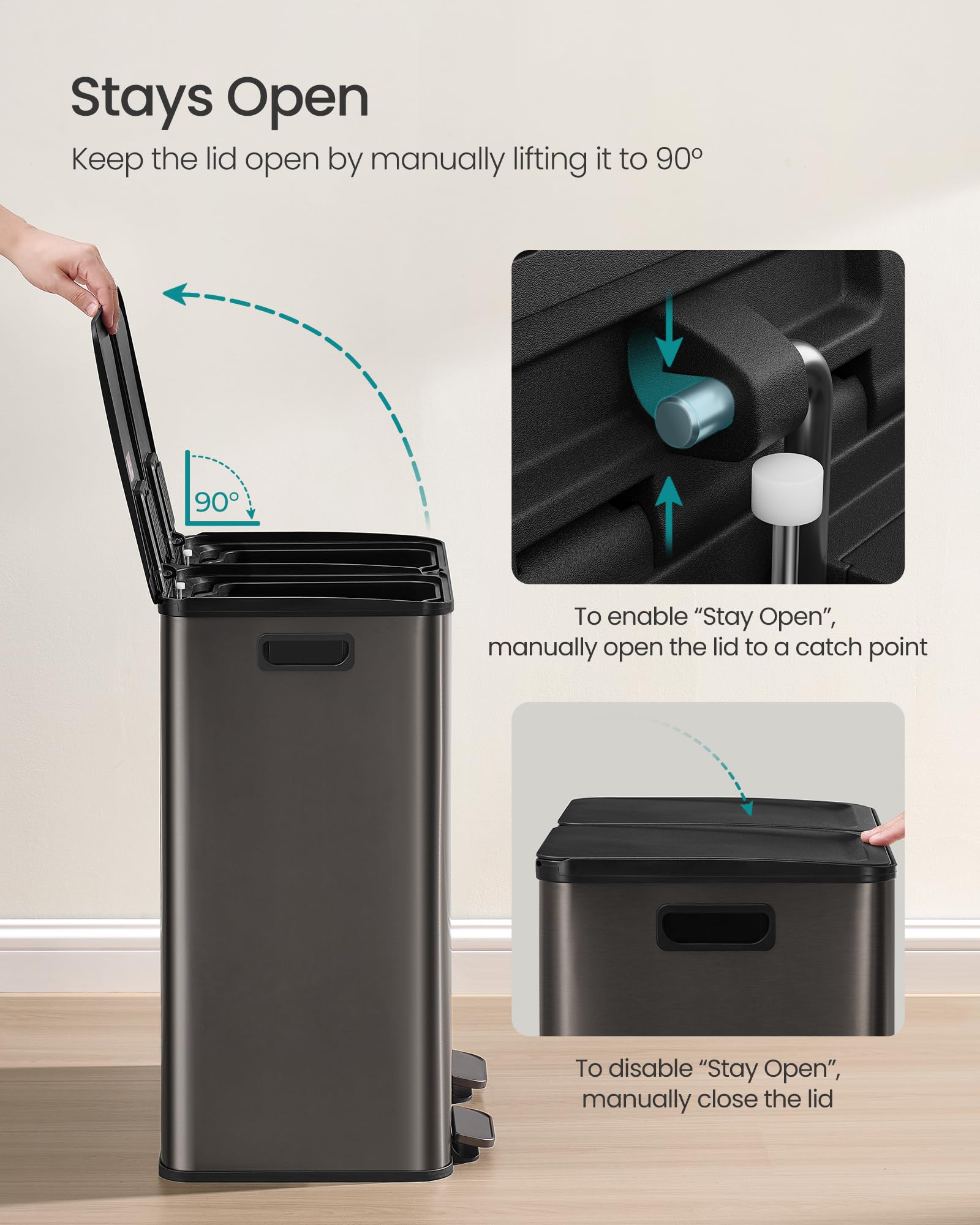 SONGMICS removable inner buckets simplify disposal and cleaning.