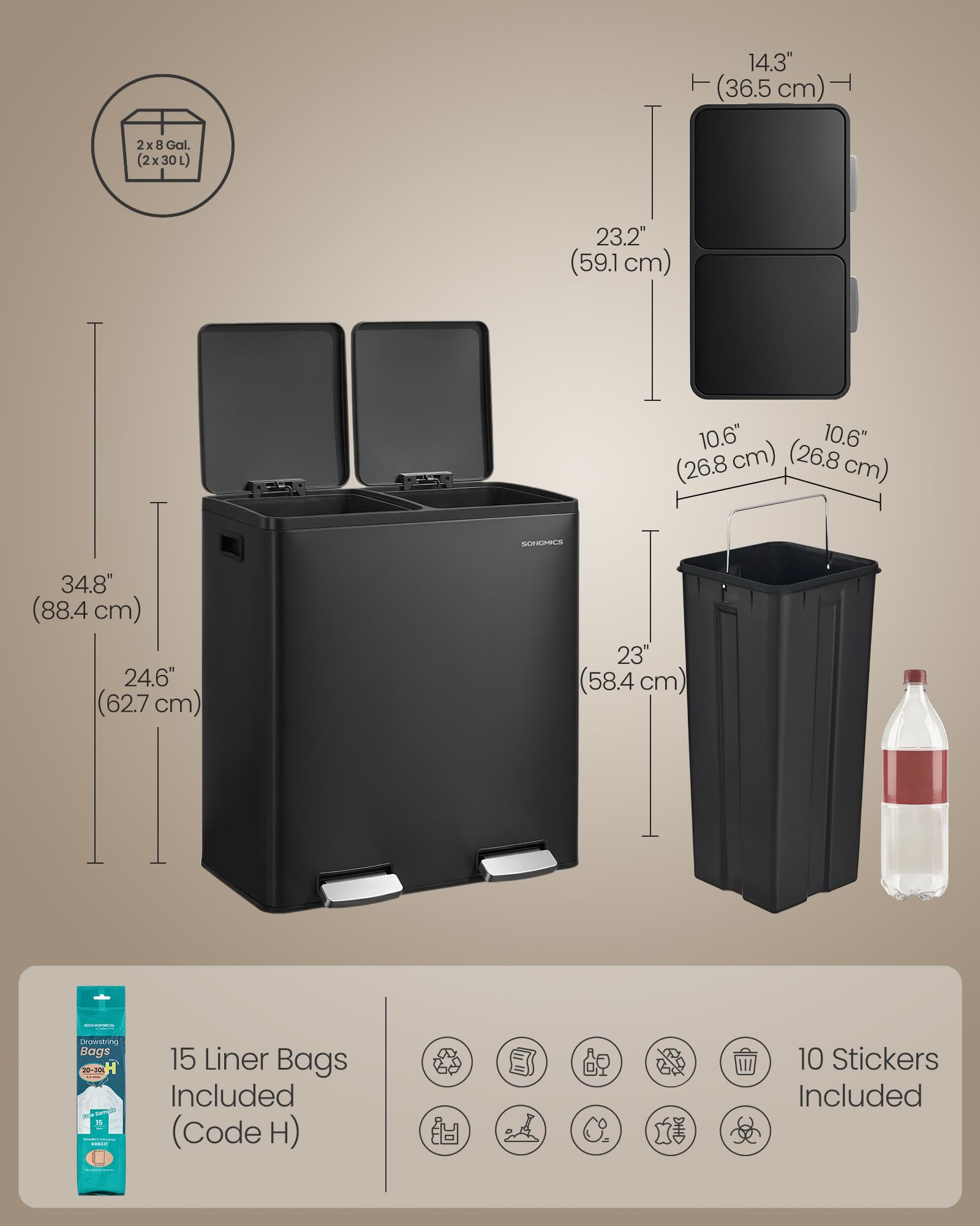 SONGMICS 15-bin liner pack pairs with 30 L cans for easy setup