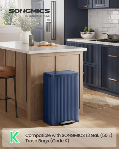 SONGMICS midnight blue trash can showing pedal-operated opening.