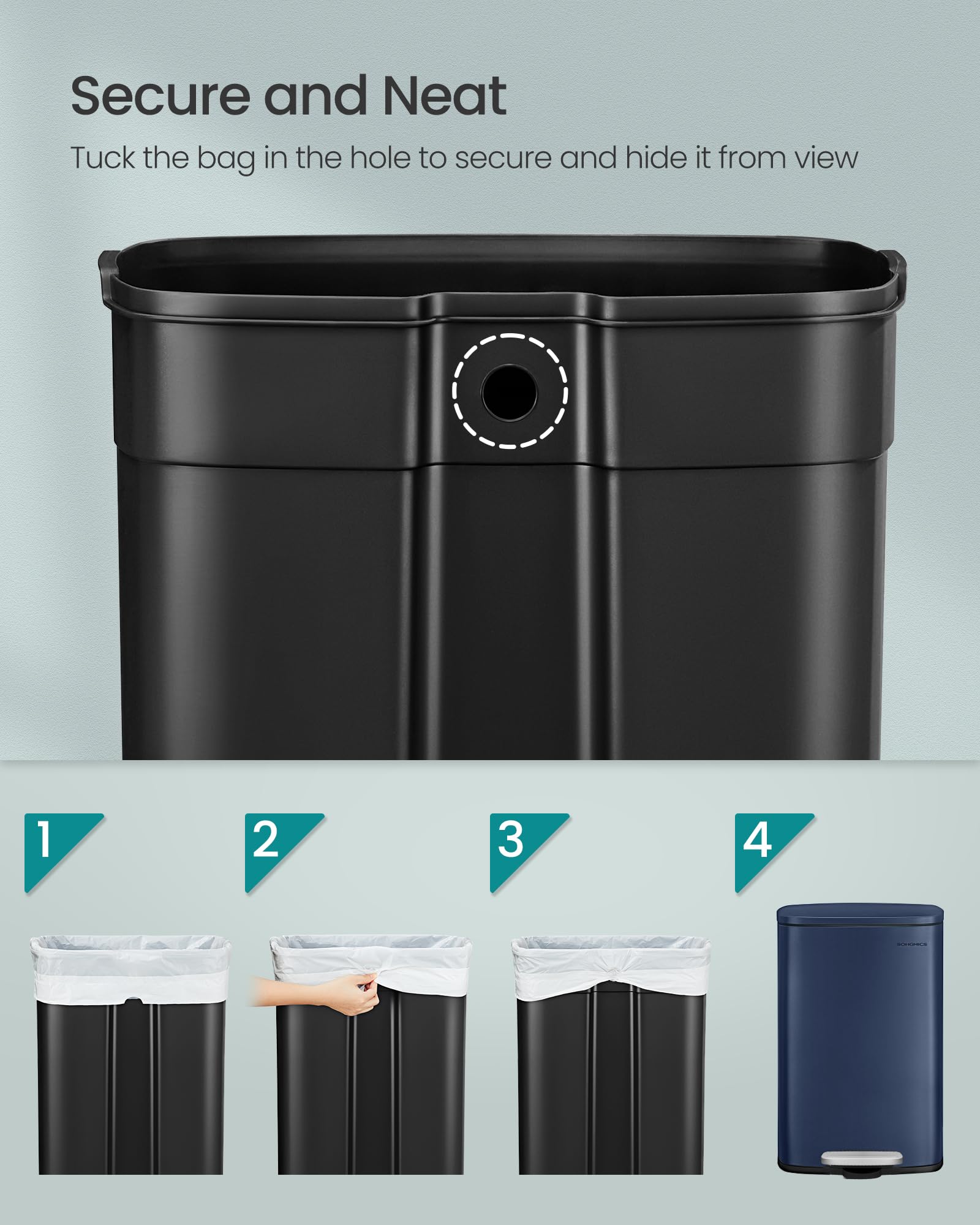 Step-on pedal operation on the SONGMICS trash can enables hands-free disposal.