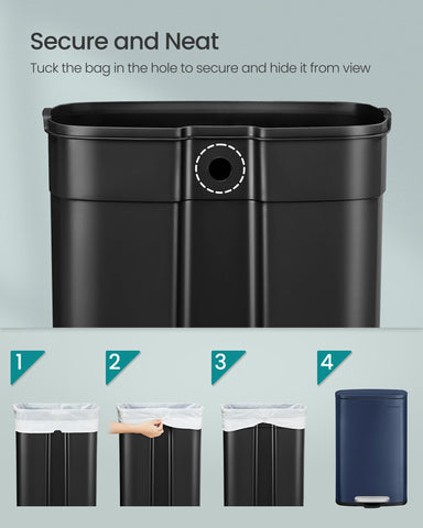 Step-on pedal operation on the SONGMICS trash can enables hands-free disposal.