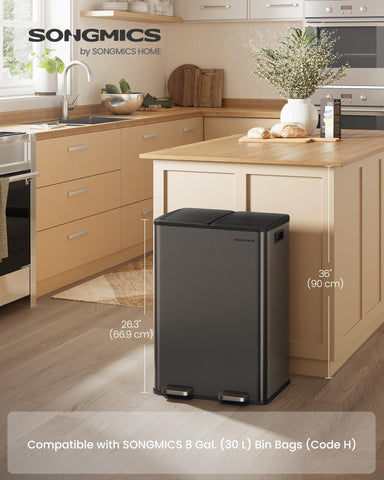 SONGMICS trash can pedal-step open demonstrates hands-free access.