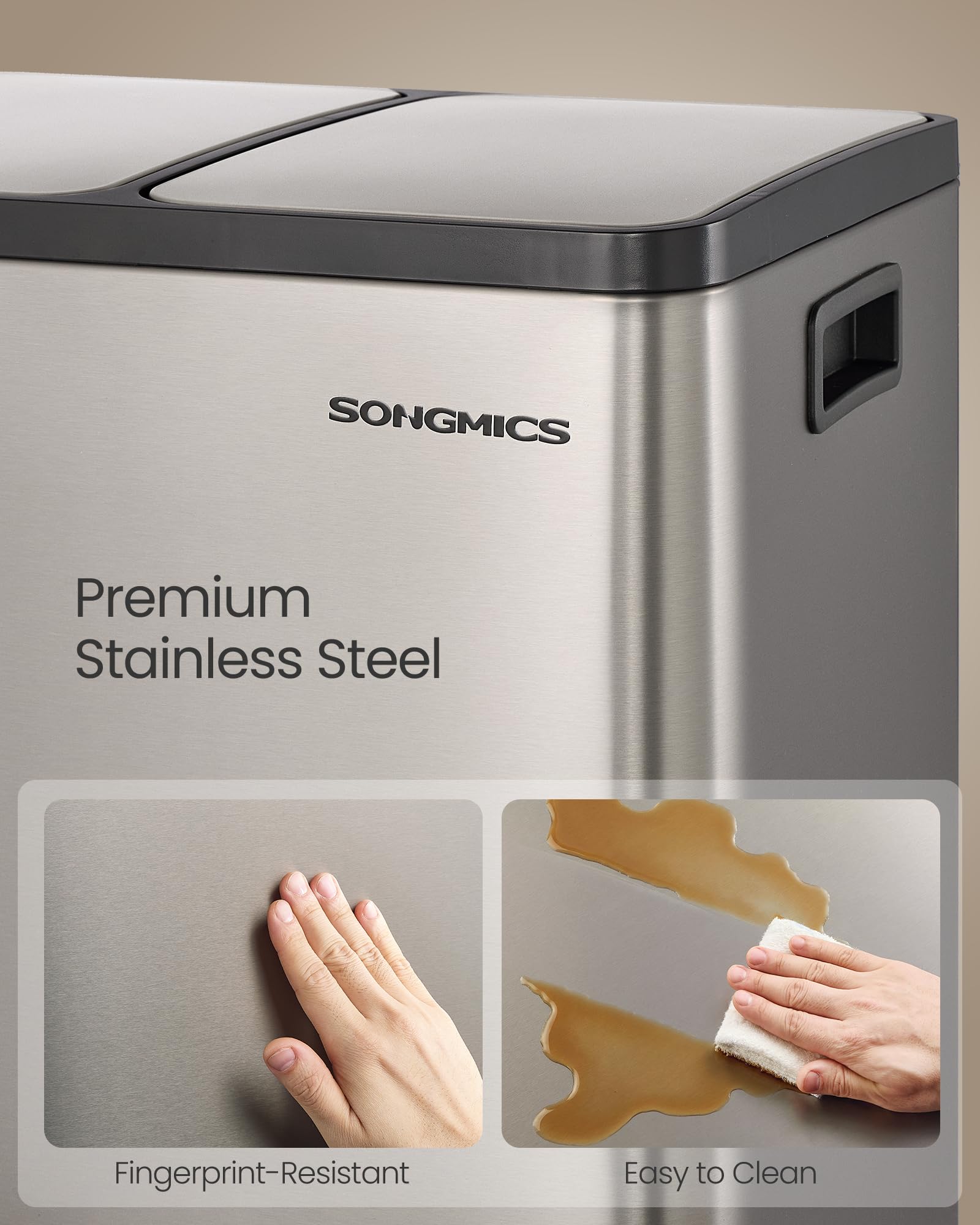 SONGMICS dual compartments with liners ready for sorting trash and recyclables.