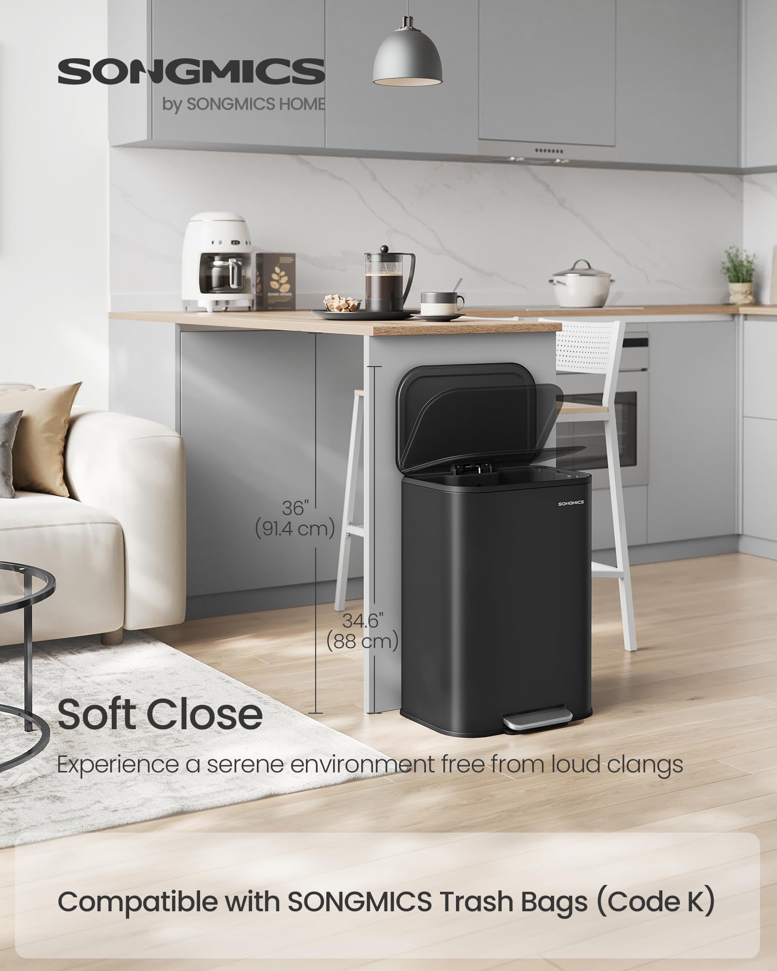 SONGMICS ink black trash can with soft-close lid for peaceful opening.