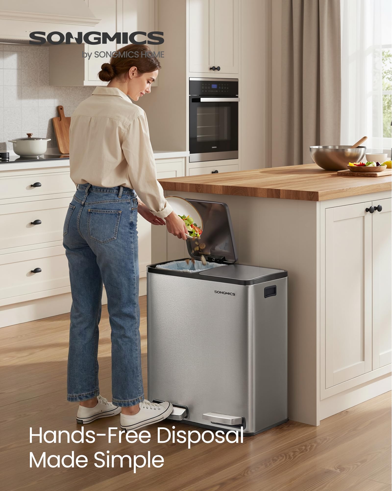 SONGMICS soft-close lid in action for quiet disposal in the kitchen.