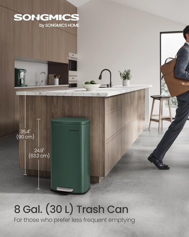 Songmics stainless steel trash can with soft-close lid for quiet operation.