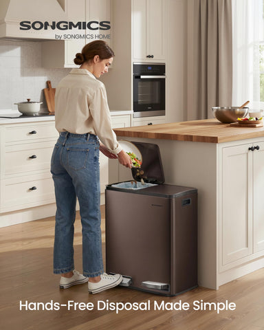 SONGMICS trash can with soft-close lid to reduce kitchen noise.