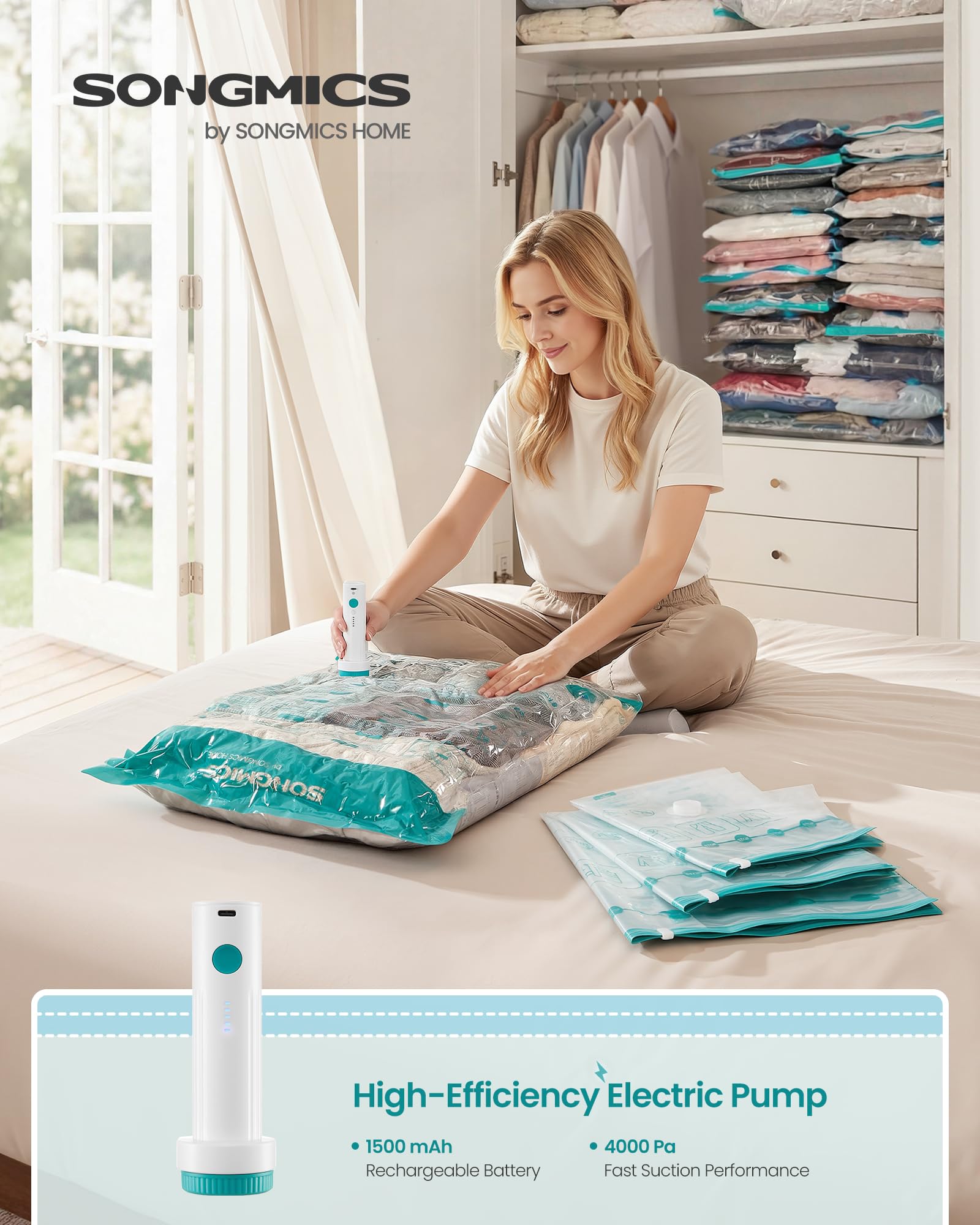 SONGMICS 15-pack vacuum bags protect clothes from dust and moisture during storage.