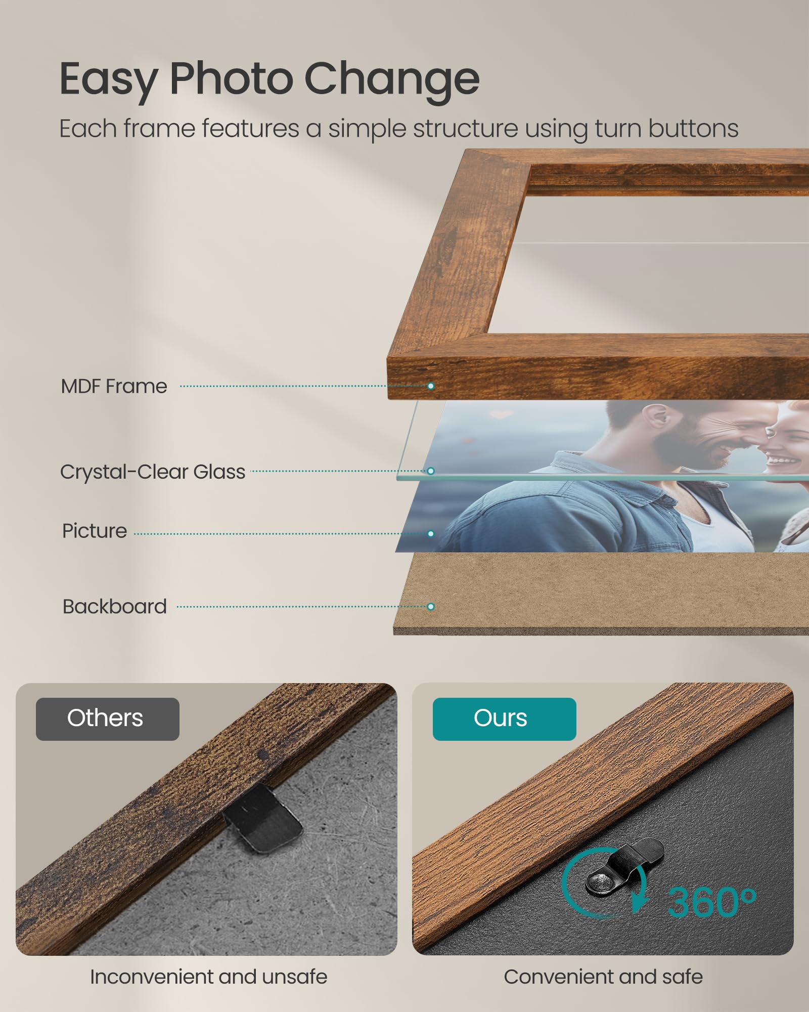 SONGMICS frames with turn buttons enable easy photo changes