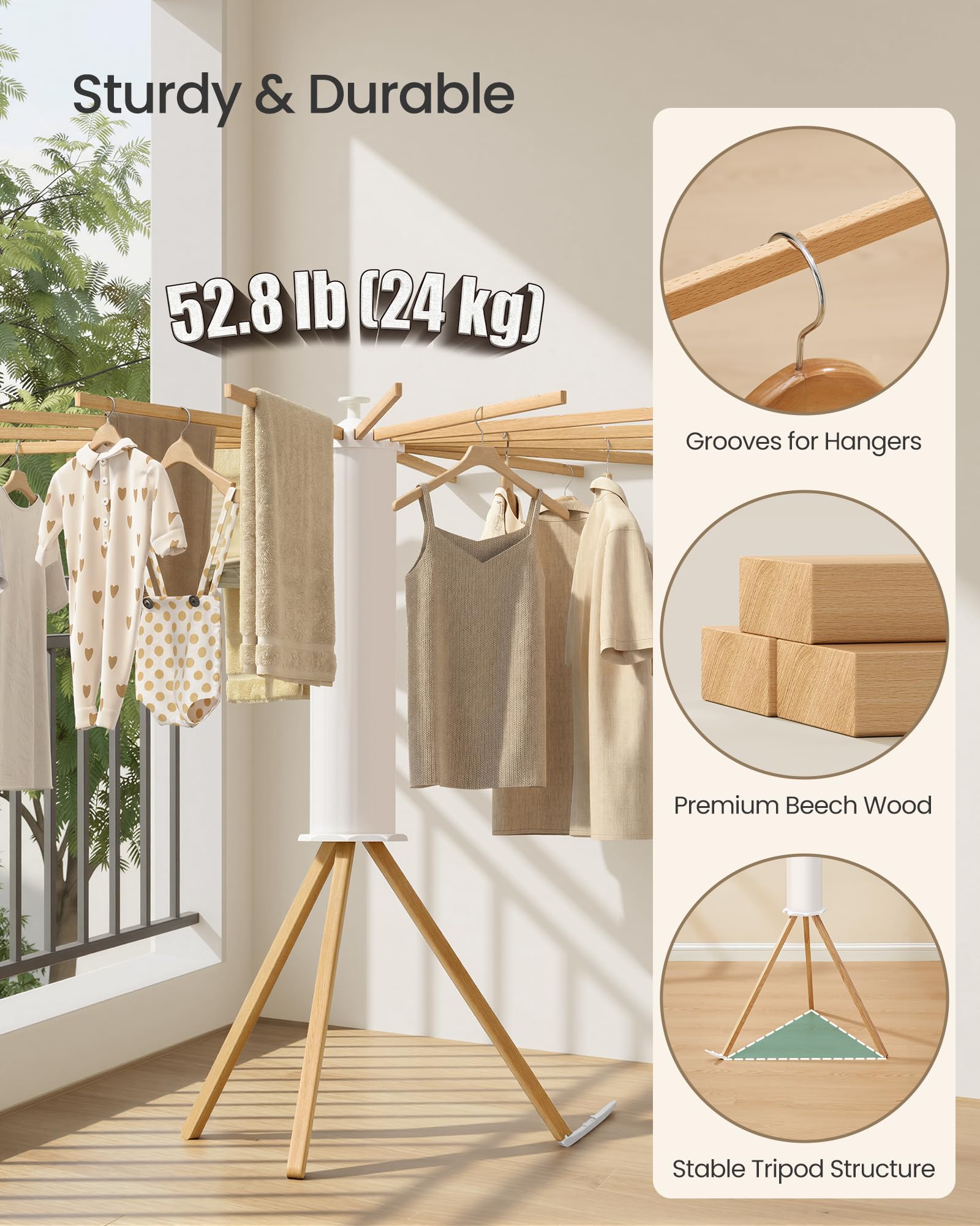 SONGMICS ULLR530YW01 wood arms deliver sturdy drying for towels and clothes