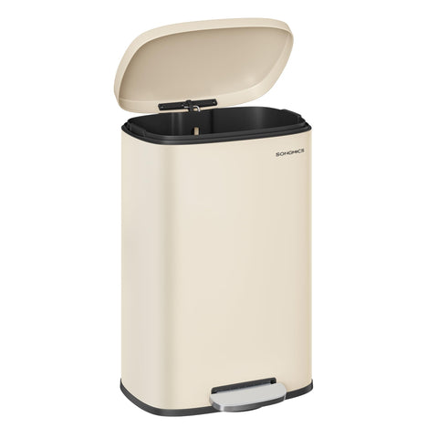 SONGMICS ULTB050A01 sand beige trash can, front view, adds clean, modern kitchen storage.