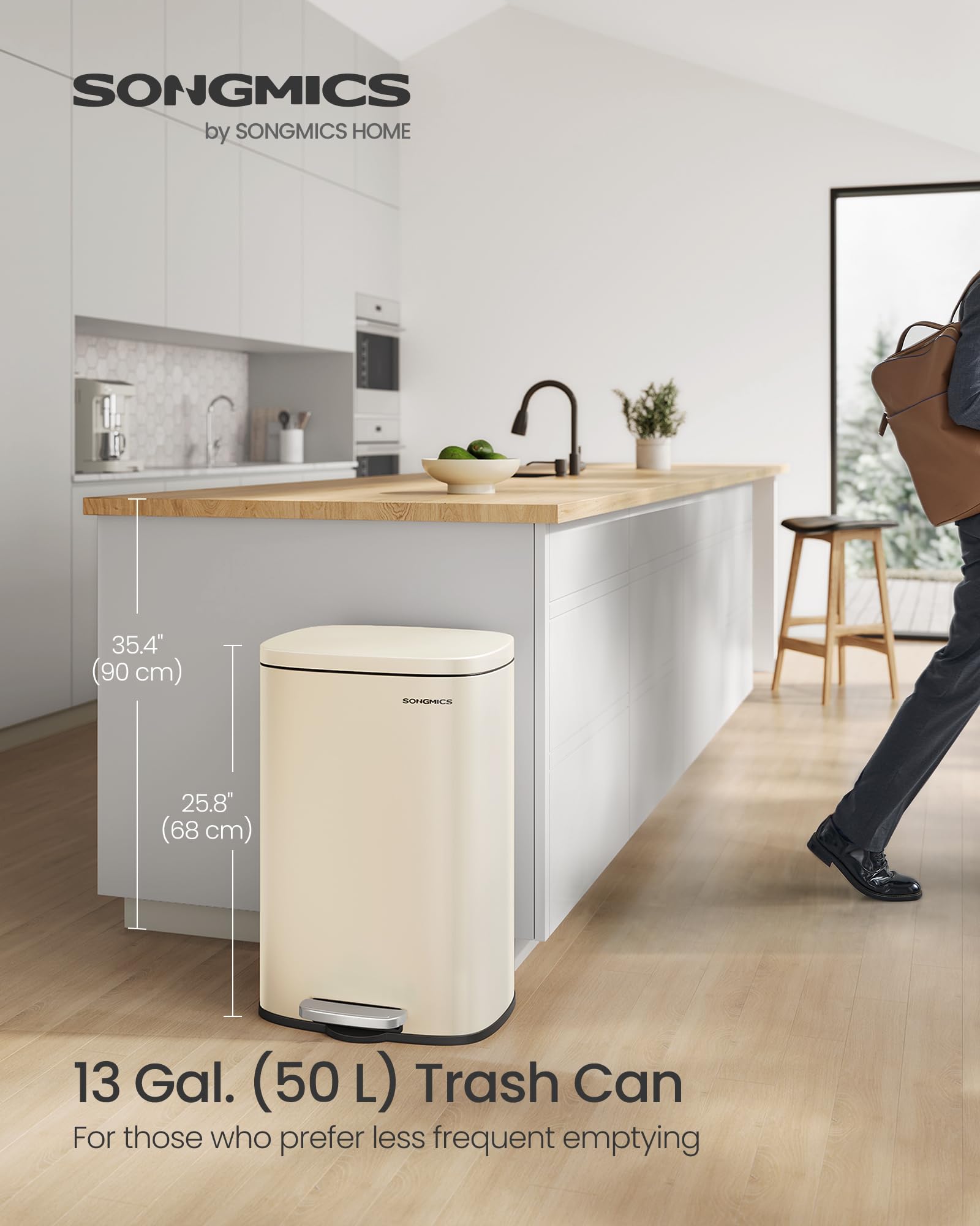 SONGMICS ULTB050A01 sand beige trash can, soft-close lid reduces noise during disposal.