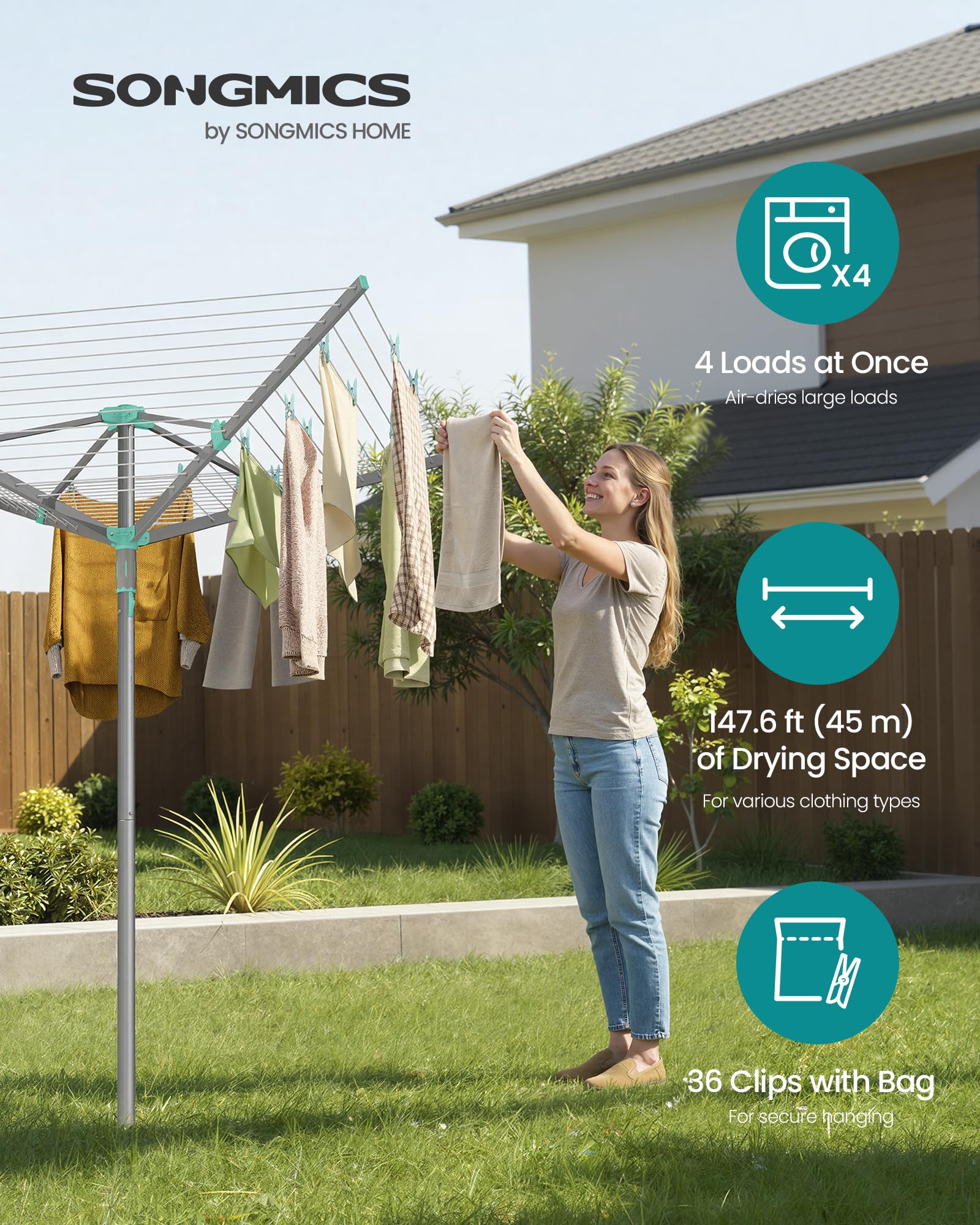 Songmics umbrella clothesline drying area provides ample space for towels and everyday laundry.