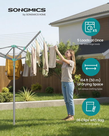 Foldable arms of SONGMICS clothesline allow easy hanging and space-saving storage