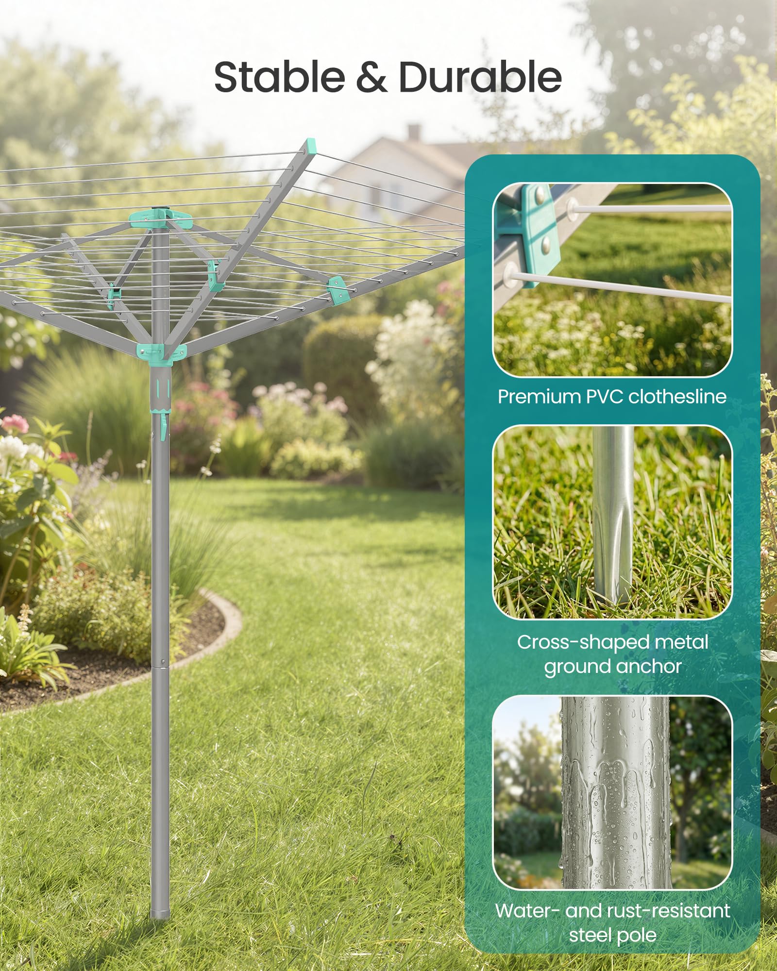 Songmics umbrella clothesline ground anchor ensures stability against wind.