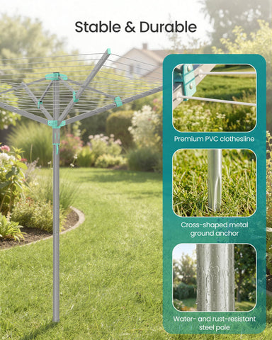 Songmics umbrella clothesline ground anchor ensures stability against wind.