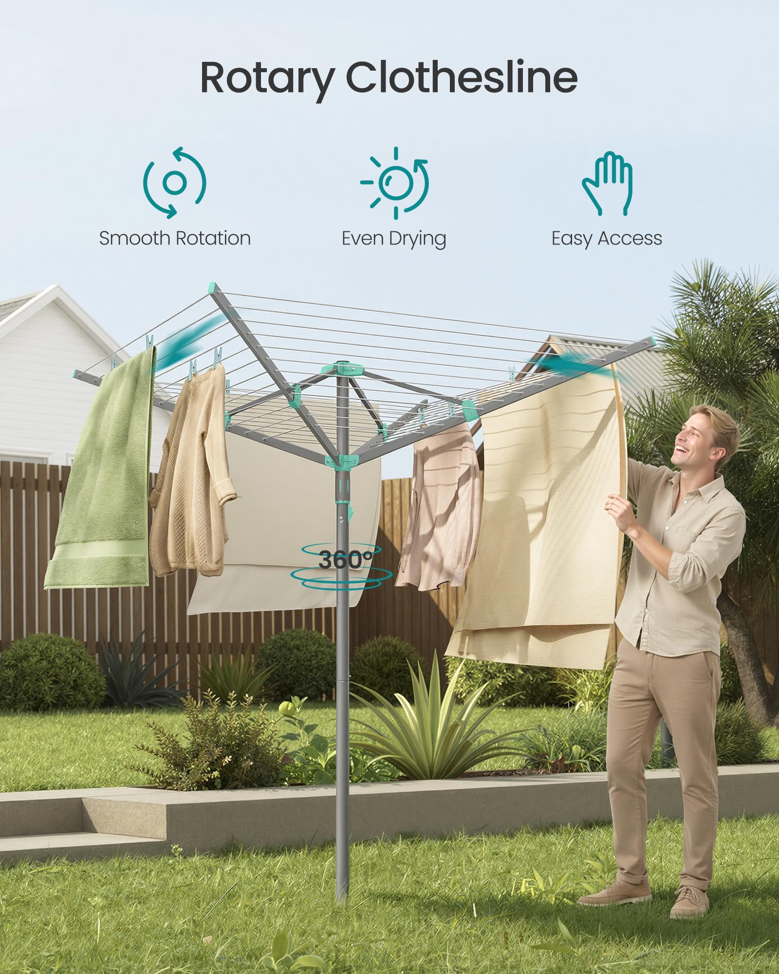 Songmics umbrella clothesline rotation enables easy hanging and quick access to garments.