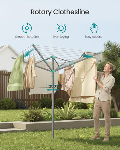 Songmics umbrella clothesline rotation enables easy hanging and quick access to garments.
