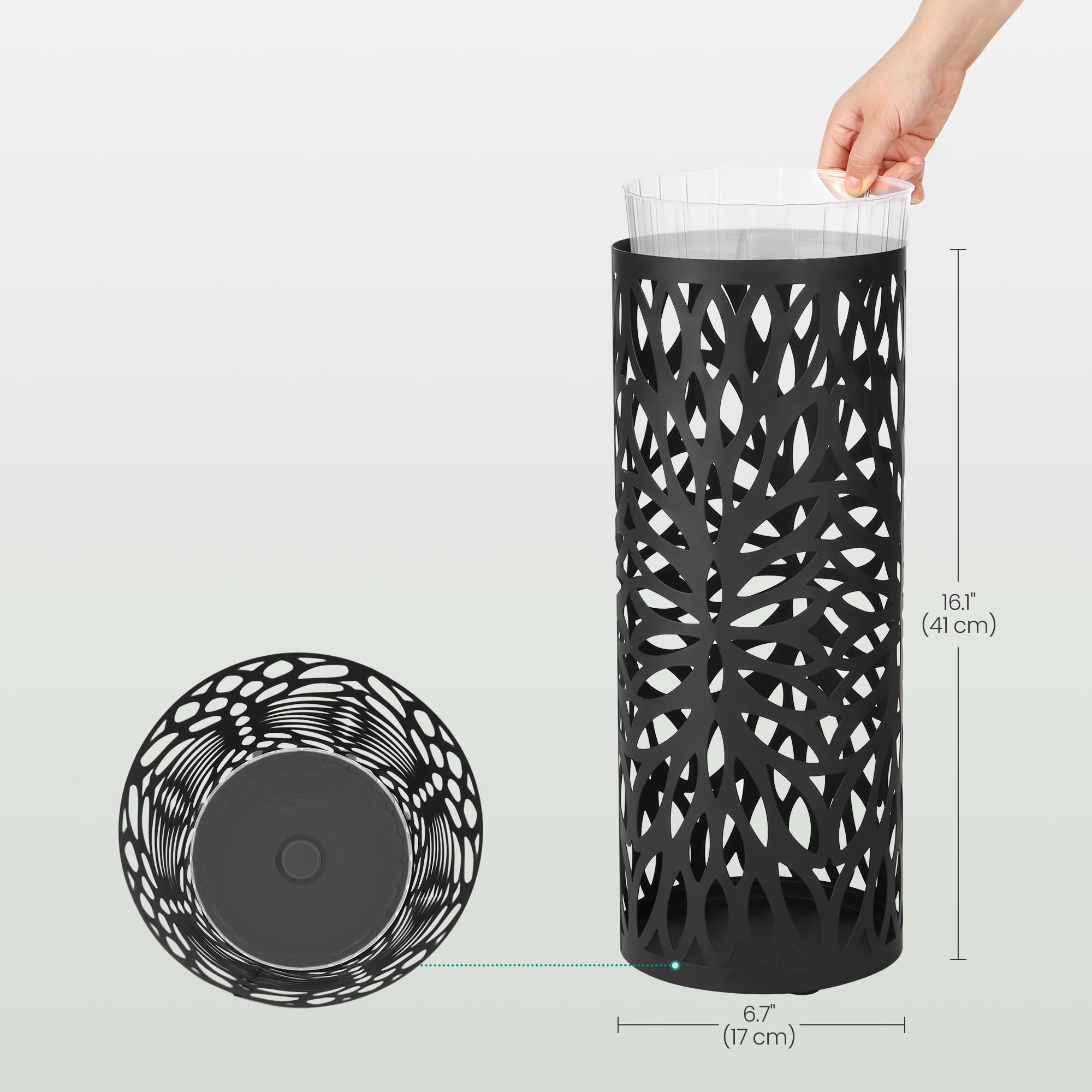 SONGMICS umbrella stand highlighting hollow design that promotes airflow and drying.