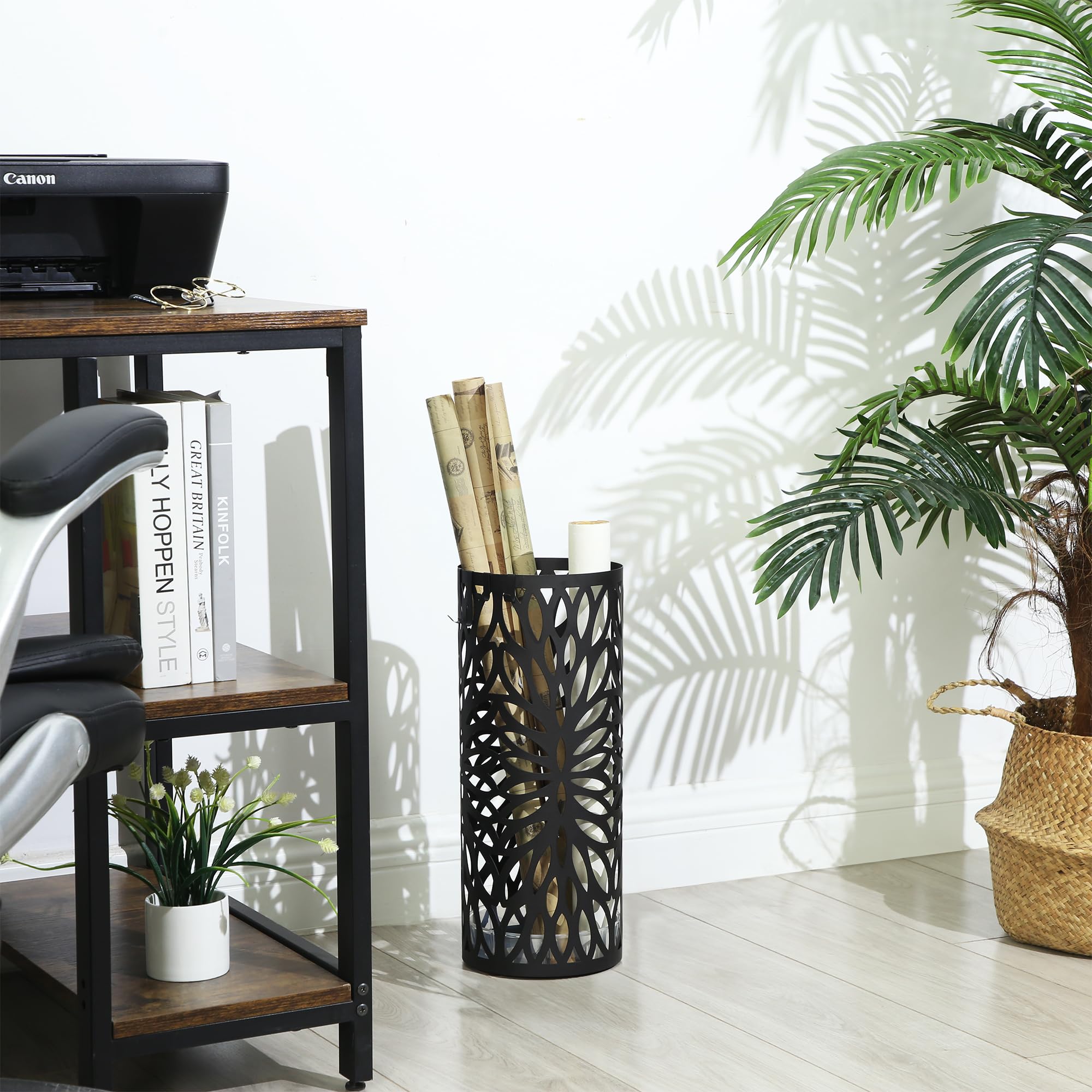 SONGMICS umbrella stand with two long and two short hooks for versatile storage.