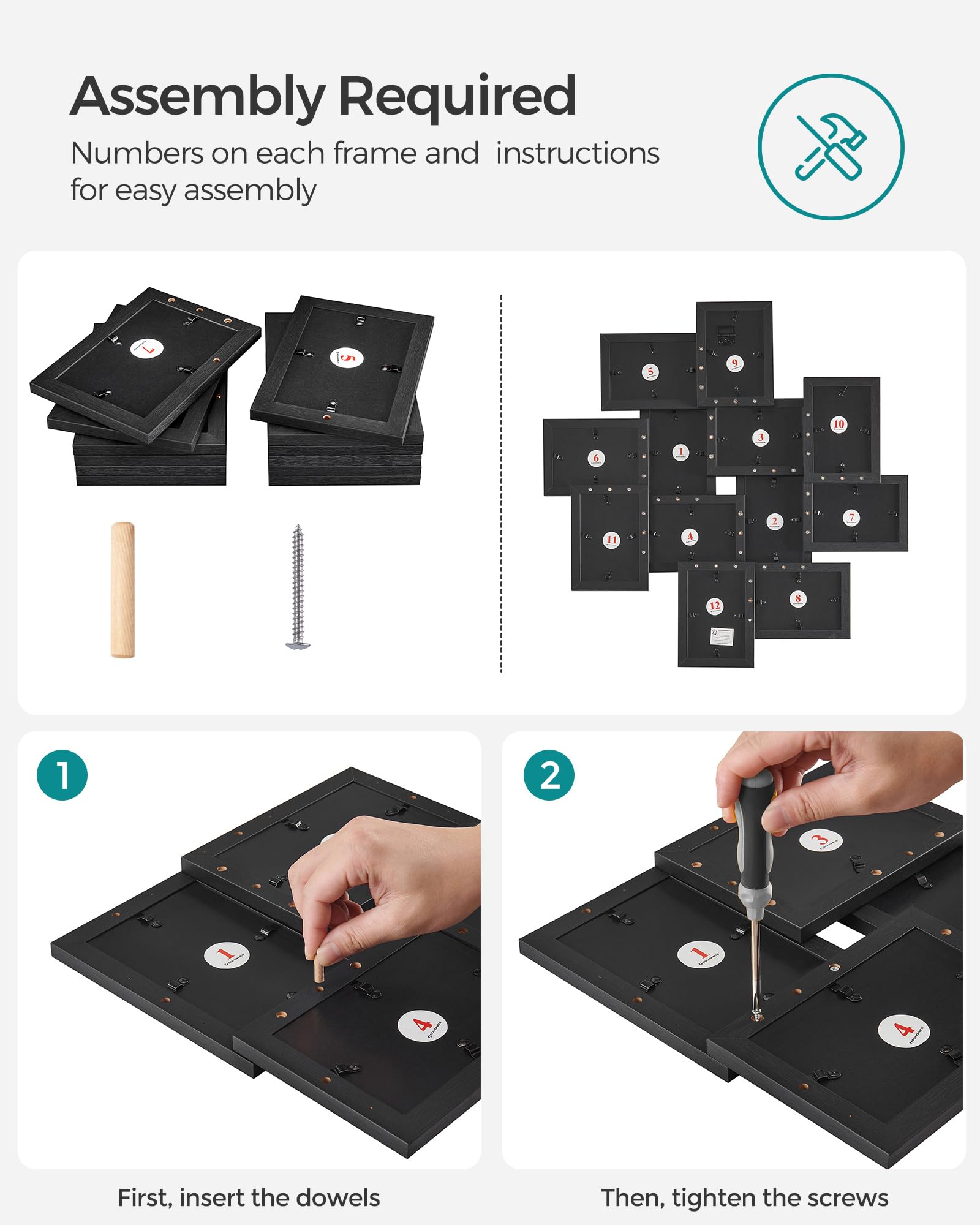 SONGMICS URPF22BK assembly parts map for quick wall display setup.