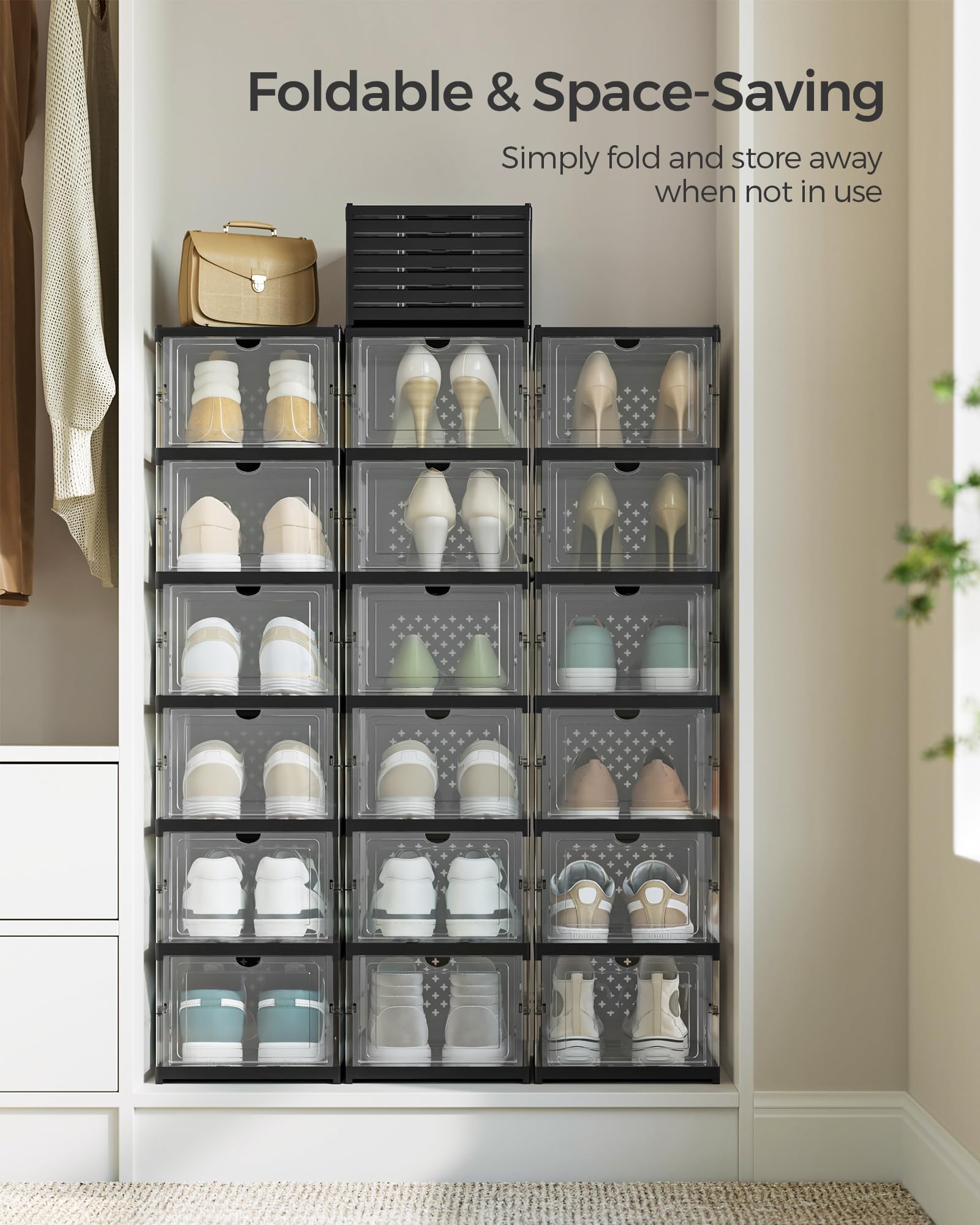 SONGMICS fits US size 13 shoes in organized stack.
