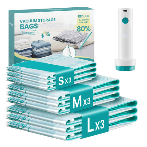 Songmics vacuum storage bags with pump showing space-saving storage for clothes
