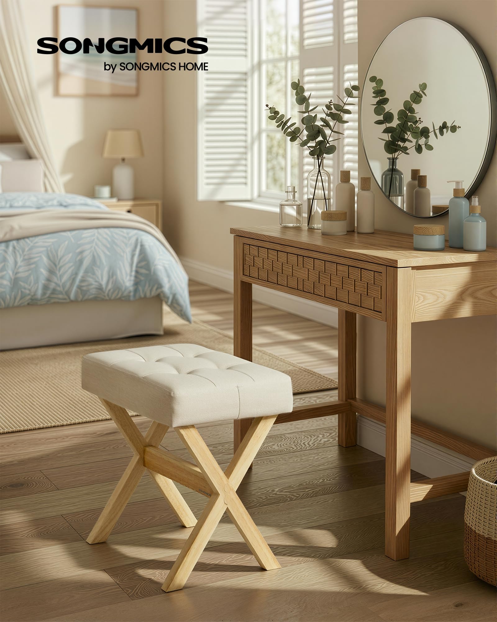 SONGMICS vanity stool with foam padding supports long skincare routines