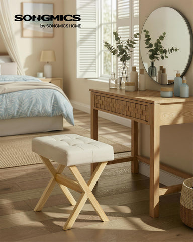 SONGMICS vanity stool with foam padding supports long skincare routines