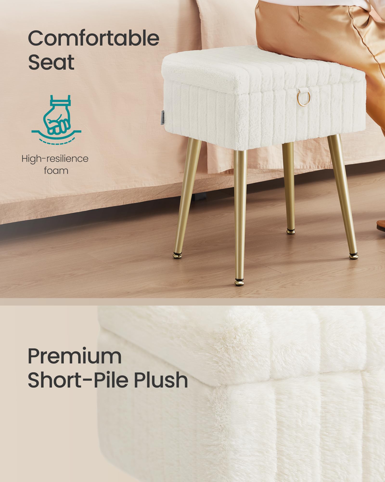 SONGMICS vanity stool reveals a hidden 2.7-gallon storage compartment for cosmetics.