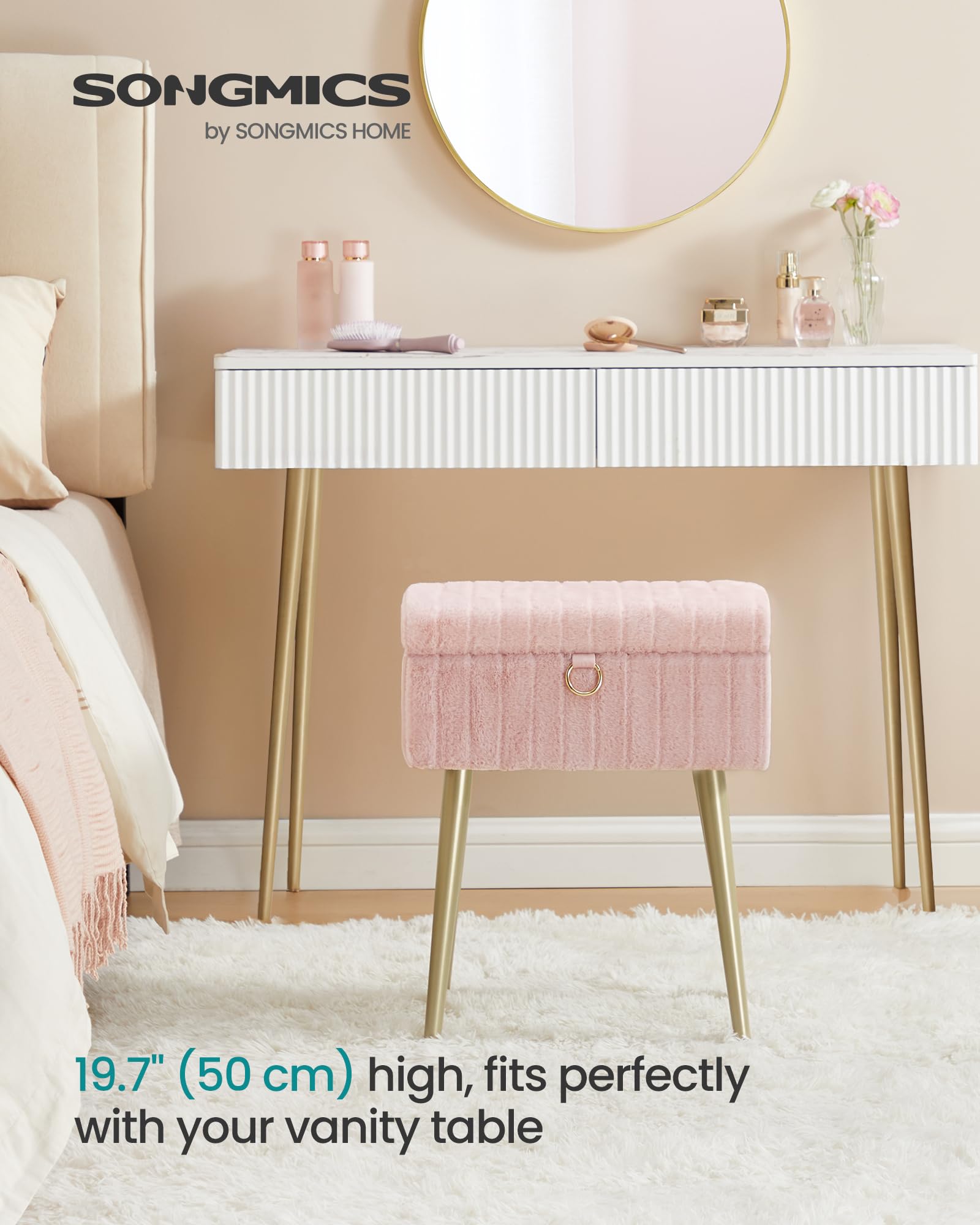 SONGMICS vanity stool hidden storage lid opens to reveal cosmetics space