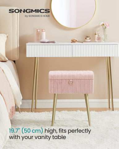 SONGMICS vanity stool hidden storage lid opens to reveal cosmetics space