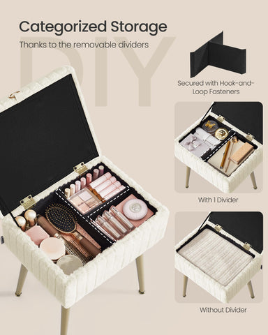 SONGMICS vanity stool shows removable dividers to organize cosmetics and skincare.