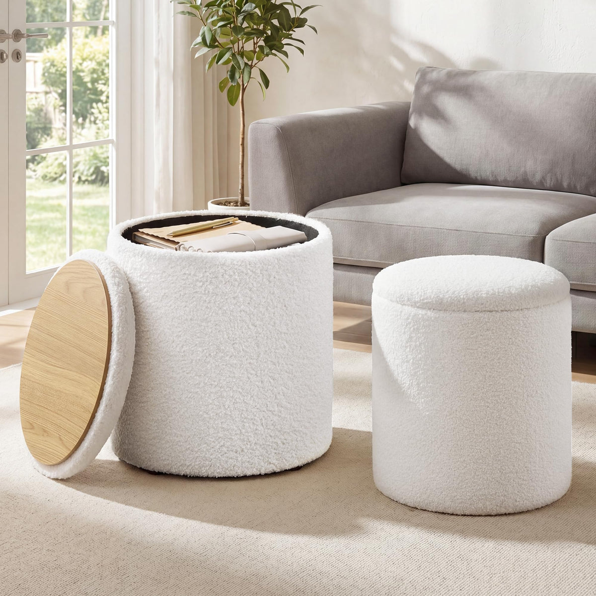 SONGMICS vanity stool in cream white with round storage for a tidy makeup area