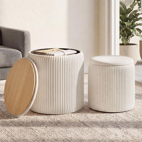 SONGMICS vanity stool set with cream-white storage ottomans for bedroom organization.